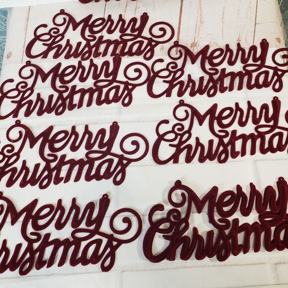 NEW Lot of 12 Red Burgundy Flocked Cursive Merry Christmas 9" Craft Sign Decor - Picture 1 of 8
